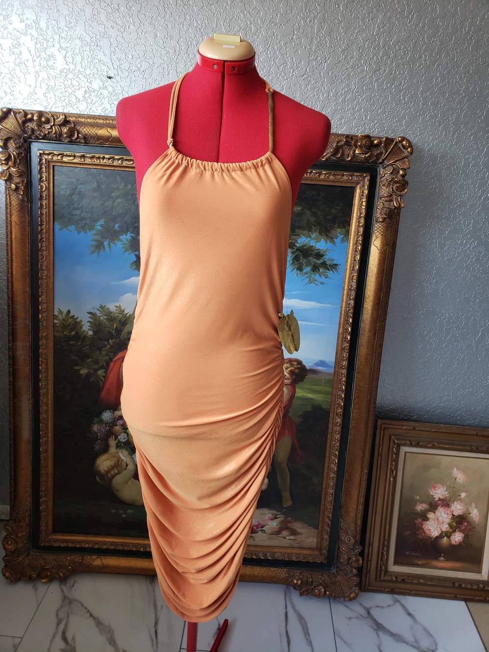 Apple Bottoms Peach Halter Ruched Midi Dress